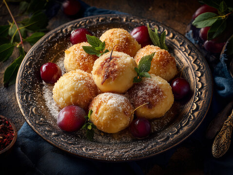 Plum dumplings dusted with sugar and butter, Slovak heritage cuisine, Constitution Day atmosphere, luxury food styling, 8k HDR, no people