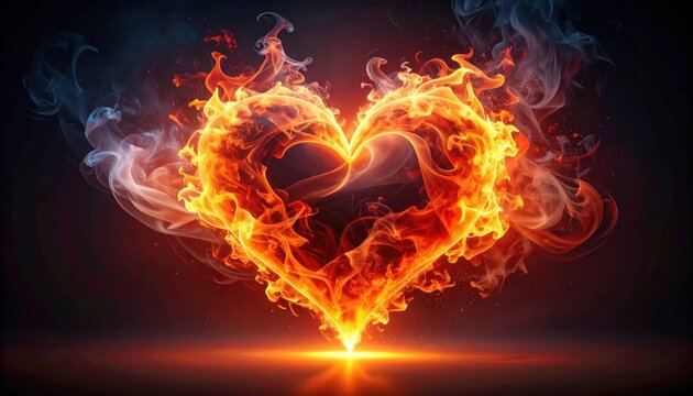 Heart shape formed by fire and smoke on black