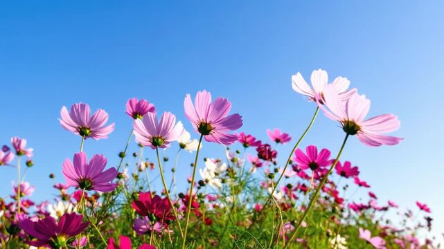 秋の青空の下で穏やかにそよぐ色鮮やかなコスモスの花畑　爽やかな風に揺れる花びらと明るい自然の風景が広がる落ち着いた空間　文字入れ用の余白を確保したシームレスループ背景ビデオ素材
