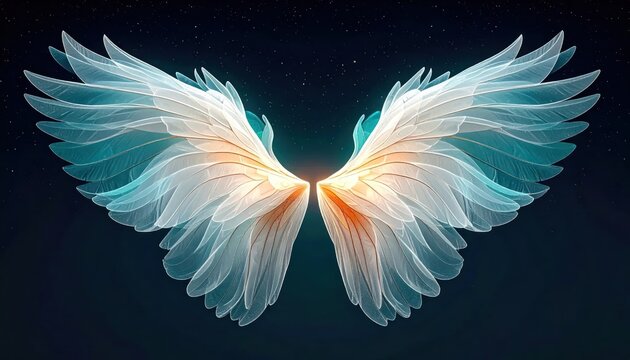 Large glowing white wings against a dark starry background