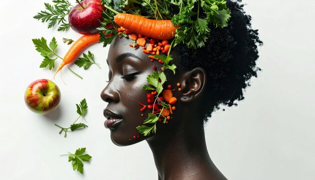 Black woman profile with fresh vegetables in her hair