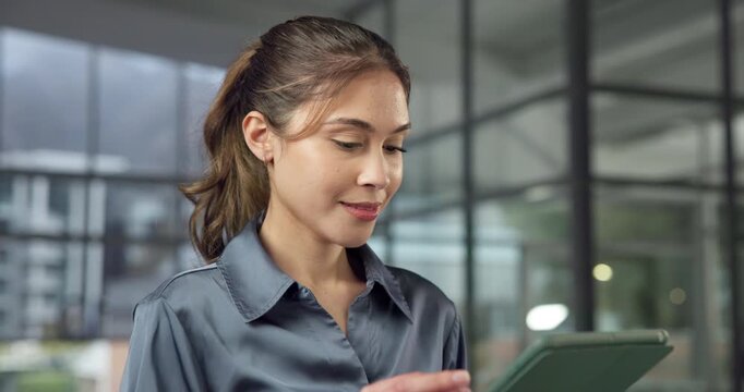 Tablet, smile or woman in enterprise for business, risk mitigation or reading insurance report. Happy, broker or person in office with tech, scroll coverage update or claims feedback with review