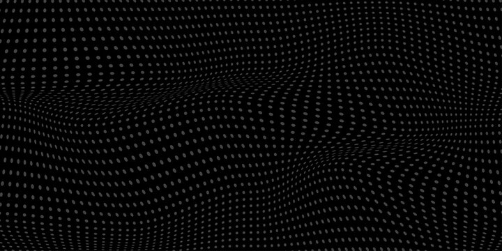 Abstract Black Halftone Wave Background With Dotted Mesh Pattern And Futuristic Digital Flow