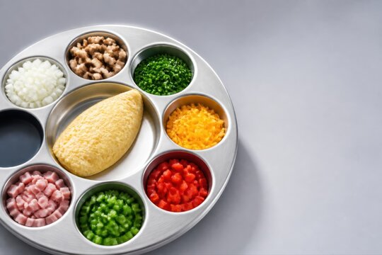 Minimalist metal tray with omelette and colorful diced ingredients