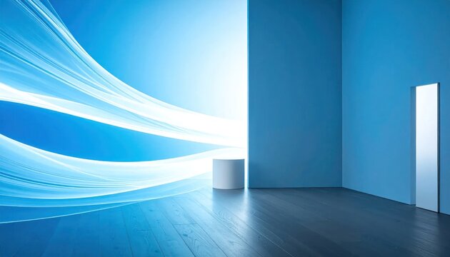 Futuristic blue room with abstract light waves and pedestal