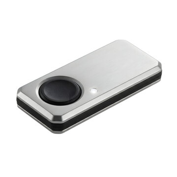 Silver biometric scanner with fingerprint reader on black background fintech security technology