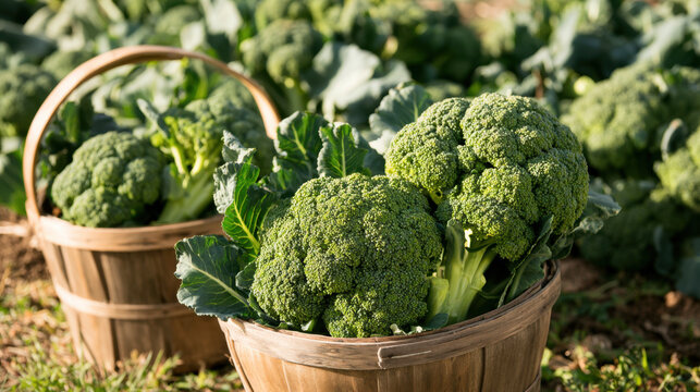 Fresh broccoli heads displayed in rustic wooden baskets during harvest season