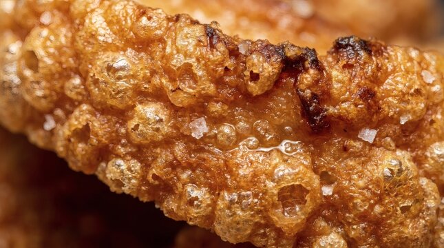 Extreme close-up of golden crispy pork crackling with visible salt crystals, showcasing delicious texture and savory appeal.