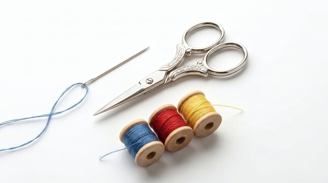 Close-up of sewing supplies: a needle with blue thread, ornate scissors, and colorful spools on a white background, viewed from above.