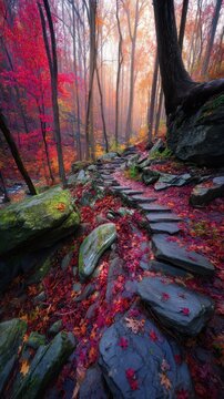 Autumnal path through a misty forest.