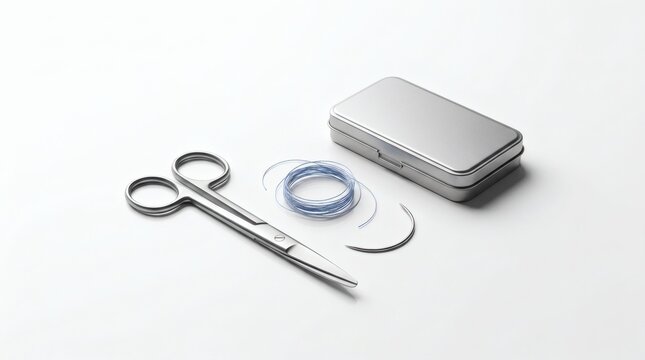 Surgical instruments kit with stainless steel scissors, blue suture thread, curved needle, and sterile metal box on a white background.