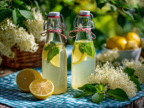 Refreshing elderflower lemonade with mint in glass bottles, Slovak holiday outdoor picnic, premium beverage photography, no people