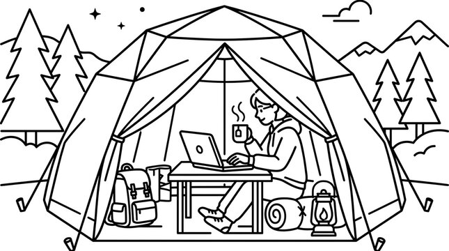 Digital nomad working on laptop inside tent in mountains.