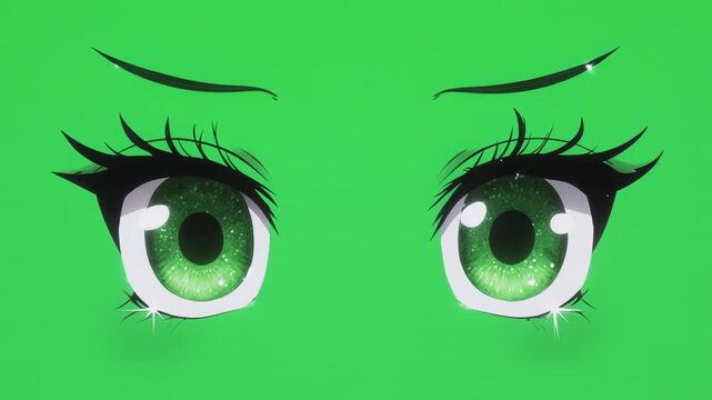 Animated Anime Eyes Blinking and Expressing Emotions on Green Screen Background