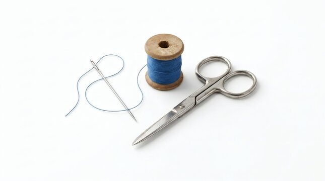 Blue Thread Spool, Silver Sewing Needle, and Small Scissors on White Background