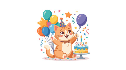 Fototapeta premium Cute Ginger Cat Celebrating Birthday with Colorful Balloons Cake and Confetti Vector Illustration