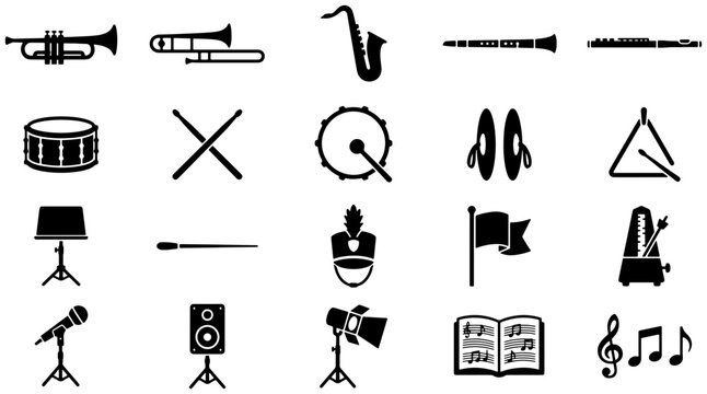 Set of black silhouette icons representing marching band instruments and musical equipment on white background