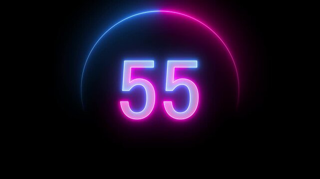Purple and blue Neon Light 60 Seconds Countdown on black background. Running dynamic light. Timer from 60 to 0 seconds. 1 minute countdown.