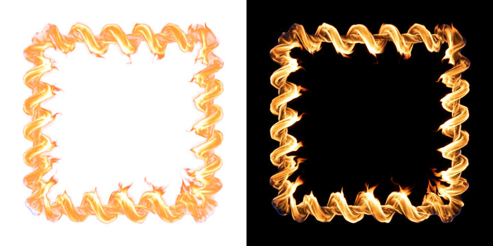 Rectangular fire frame wrapped in coiling flame ribbon with intense glowing heat, vibrant burning border overlay isolated on transparent background