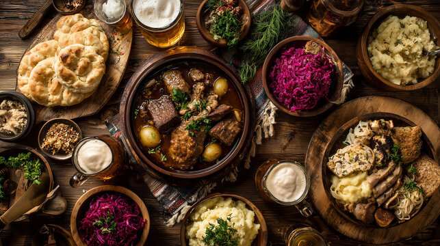 Rustic wooden table overflowing with authentic Slovak comfort foods, Constitution Day celebration styling, premium food photography, no humans