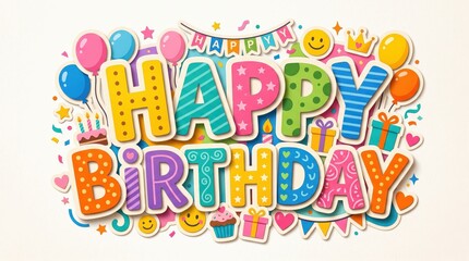 Naklejka premium Vibrant multi color happy birthday banner with festive balloons party hats and bunting