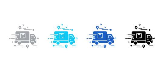 Obraz premium Delivery truck vector icon with location pin markers and fast logistics symbols delivery logistics shipping transport illustration silhouette background ecommerce dispatch direction