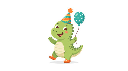 Fototapeta premium Cute Green Baby Dinosaur Character Celebrating Birthday with Party Hat and Balloon