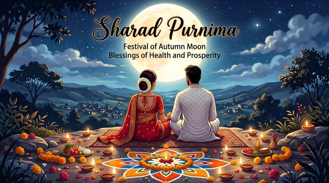 Sharad purnima festival celebration with a couple sitting under the full moon, decorated with rangoli, diyas, and lotus flowers, symbolizing health and ...
