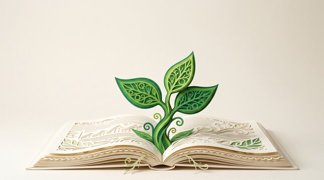 A vibrant quilled paper plant emerges from an open book, symbolizing the growth of knowledge, new ideas, and the power of imagination through learning