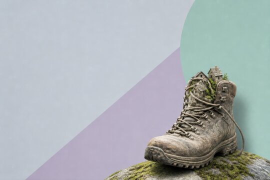 Trekking boot with miniature village on mossy hillside concept