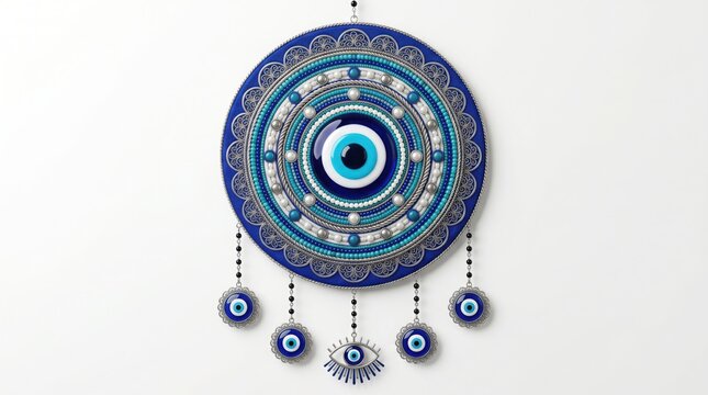 Decorative evil eye wall hanging amulet with intricate beadwork and filigree metal details isolated on white background