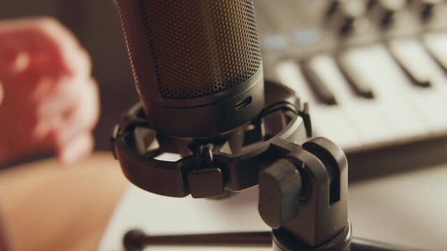 Close-up shows hands twisting condenser microphone in rubber shock mount, with visible adjustment and careful setup in softly lit studio scene, highlighting audio equipment detail and tactile movement