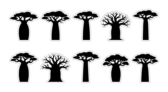 Baobab Tree Silhouette Collection Set with African Flora and Plant Vector Illustrations