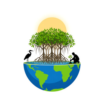 Minimalist Habitat Poster with Mangrove Trees, Heron, and Sun