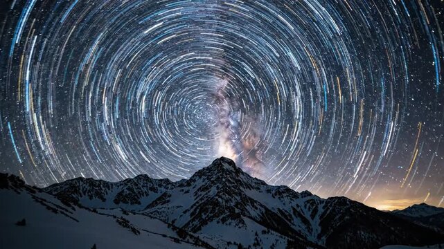 Time lapse of star trails rotating above snowy mountain peaks at night