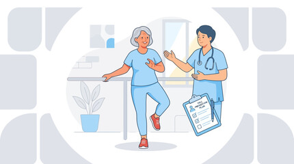Fototapeta premium Elderly woman physiotherapy with nurse, rehabilitation, health care