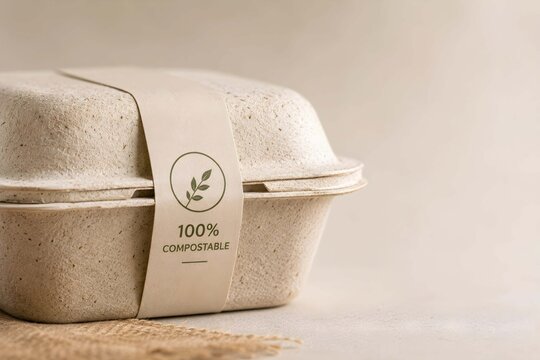 Closed 100% compostable molded pulp food container with a paper label on a neutral background, sustainable packaging concept.