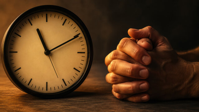 Conceptual close-up of a simple analog clock face beside a pair of clasped hands on a table, , symbolic of the time-critical nature of stroke response (time is brain).