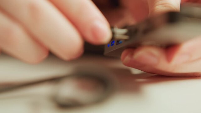 Extreme close-up of hands inserting USB cable into compact rectangular hub or external drive on light tabletop; fingers guide plug into port with subtle motion blur showing quick tactile movement