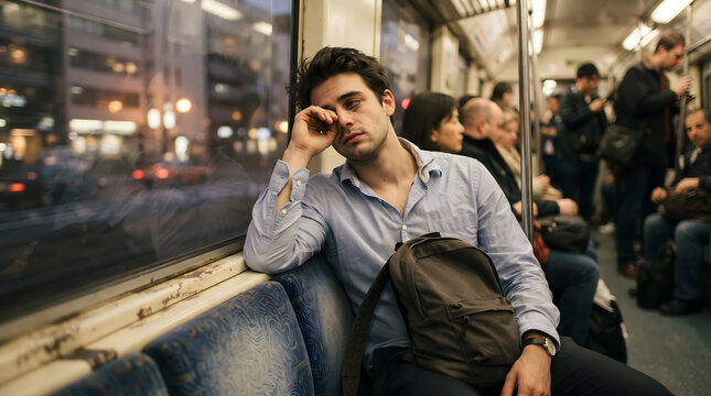 Tired commuter resting head on hand in crowded subway train.