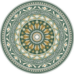 Fototapeta premium Elegant emerald green and gold mandala with intricate floral ornaments, ivory details and symmetrical circular patterns, creating a luxurious decorative design for textile, wallpaper and home decor.