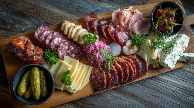 Traditional Slovak charcuterie board with smoked meats, cheeses and fresh vegetables, premium styling, no humans