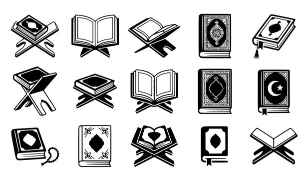 Holy Quran book on traditional wooden stand vector icon collection in black and white Islamic design