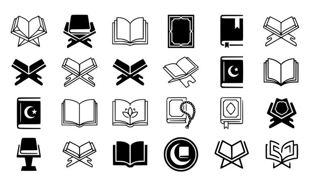Minimal Holy Quran and traditional rehal stand vector icons with black and white Islamic book symbols