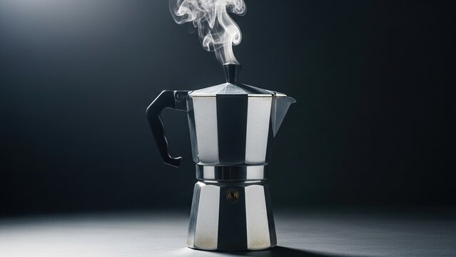 Classic Italian Moka Pot Coffee Maker Steaming on Dark Background