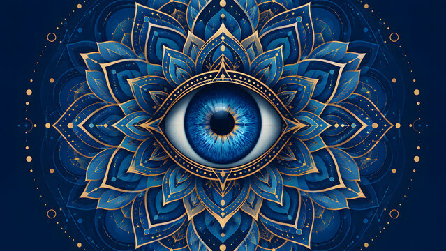 A detailed blue human eye is centered inside an intricate blue and gold lotus mandala pattern with sacred geometry accents on a dark blue background.