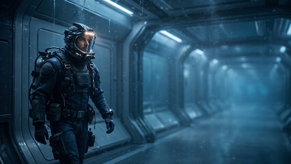 Fototapeta premium Astronaut explorer walking through a futuristic spaceship corridor in deep space sci fi cinematic atmosphere