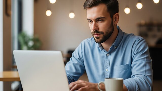 Focused professional man working on laptop in a modern cafe