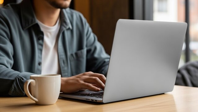 Young man working on a laptop at a cafe table with a coffee cup