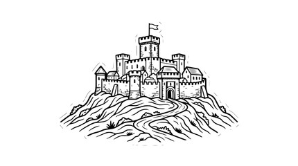 Fototapeta premium Medieval Stone Castle on a Hill Vintage Hand Drawn Line Art Illustration